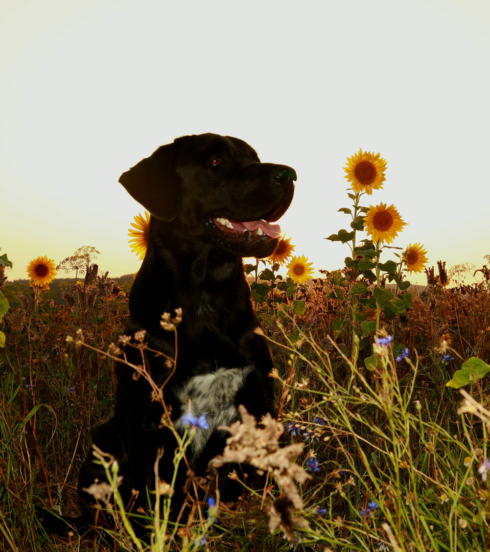 Brownie in den Sonnenblumen