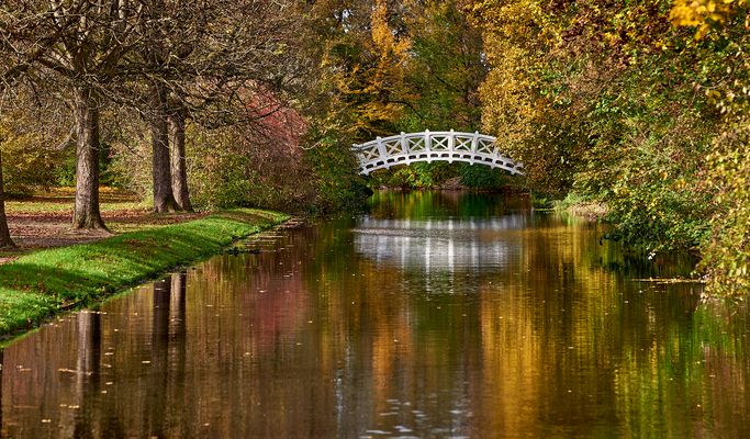 Brücke über die Herbstspiegelung, selbst der starke Wind machte eine Pause, damit die Spiegelung...