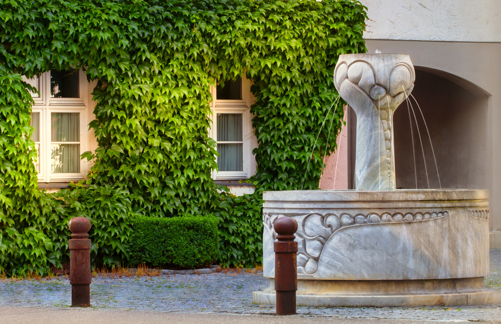 Brunnen vor Efeu bewachsenem Haus