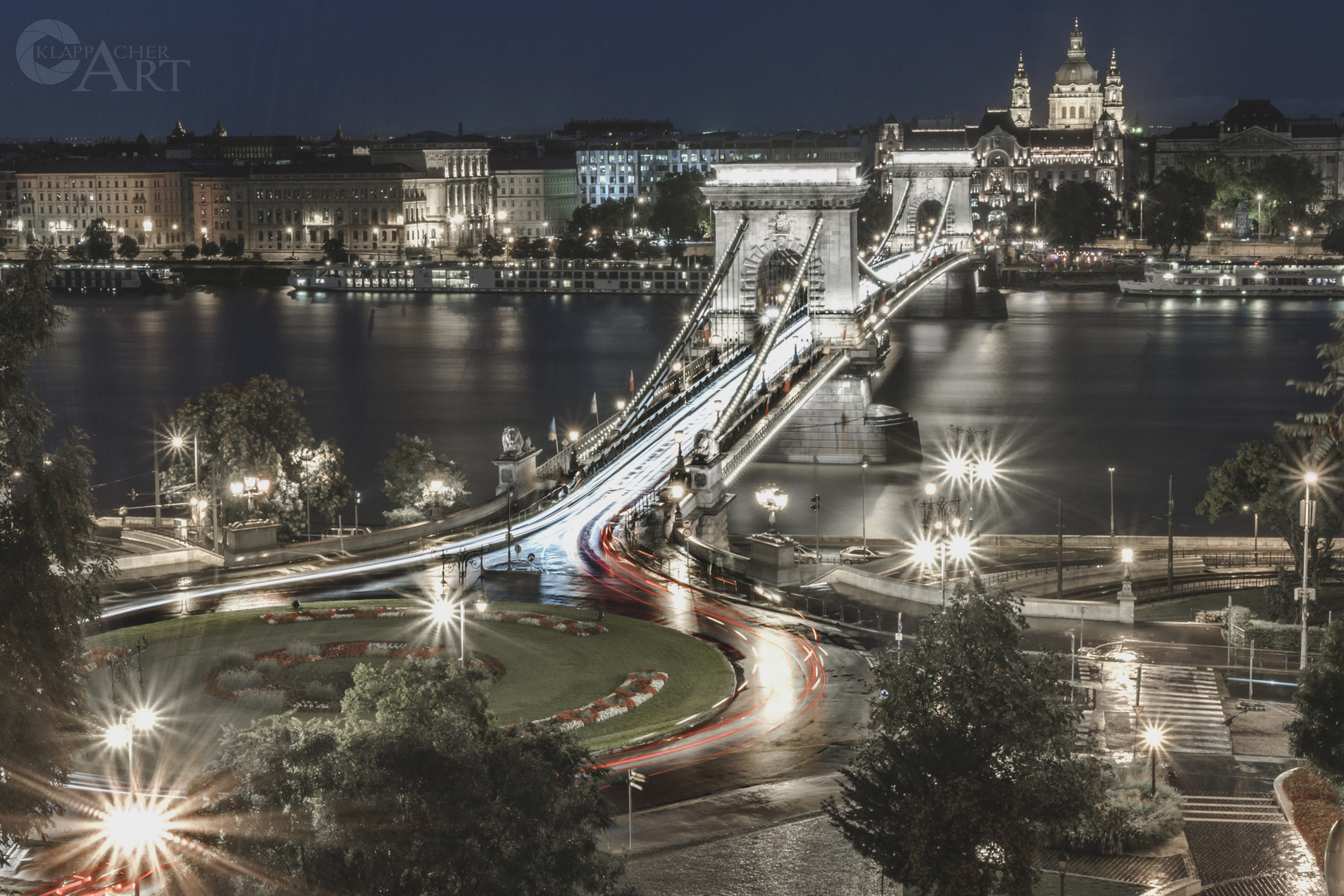 Budapest by night with view to the chain bridge