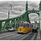 Budapest Strassenbahn auf Freiheitsbrücke schwarz-weiss coloriert