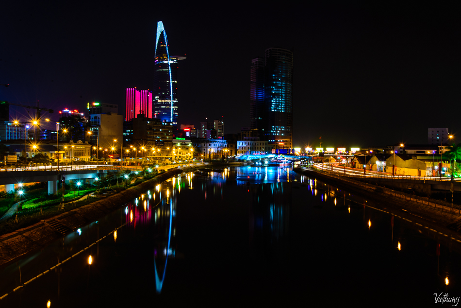 Building shape on river night, HCMC, Vietnam