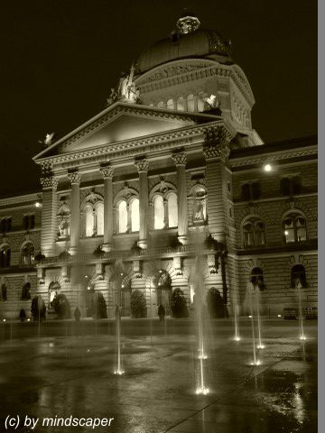 Bundeshaus with fountain at night, Berne