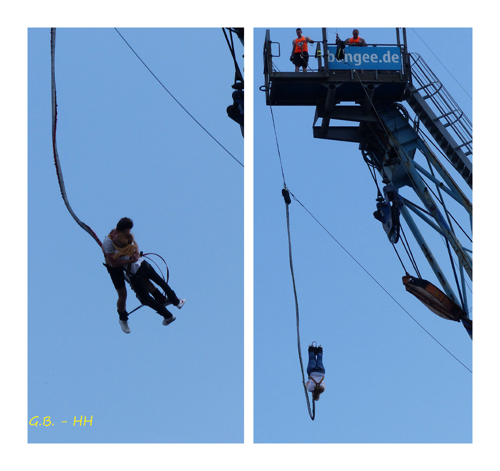 Bungee-Springen aus 50 m Höhe von einem umgerüsteten Hafenkran im Hambuger Hafen.....