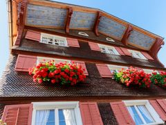 Bunte Holzfassade mit Blumenschmuck