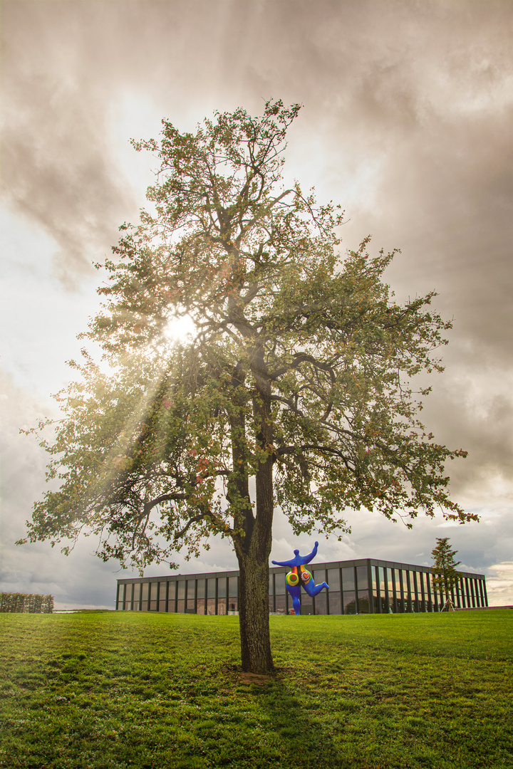 Bunte Skulptur und Baum (Museum Würth, Künzelsau)