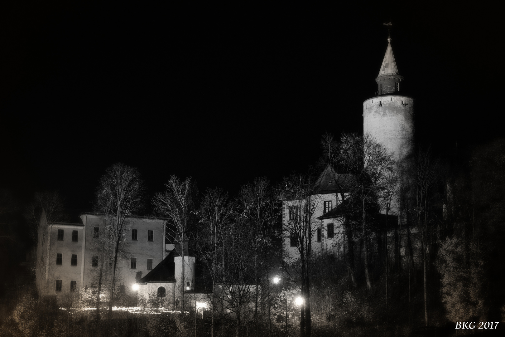 Burg Posterstein im Monochrom-Nachtlicht