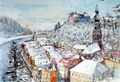 Burghausen im Schnee - Aquarell