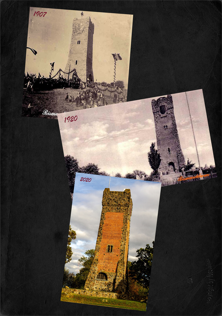 Burg/SA - Bismarckturm, 1907 (bei der Einweihung), 1920 und 2020