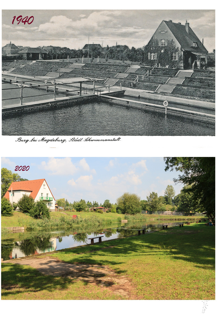 Burg/SA - Schwimmbad 1940 und was heute noch davon übrig ist