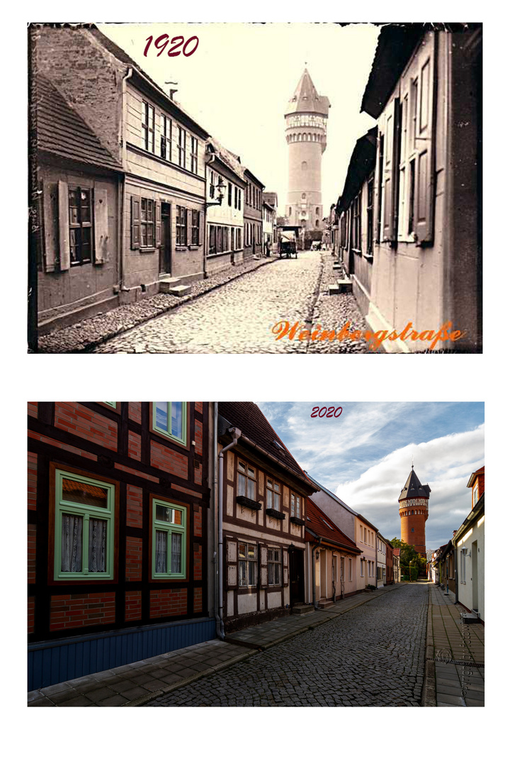 Burg/SA - Weinbergstrasse mit Blick zum Wasserturm 1920 und 100 Jahre später