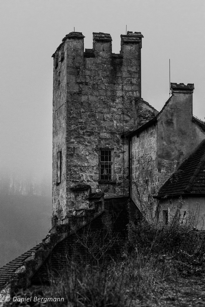 Burgturm bei Nebel