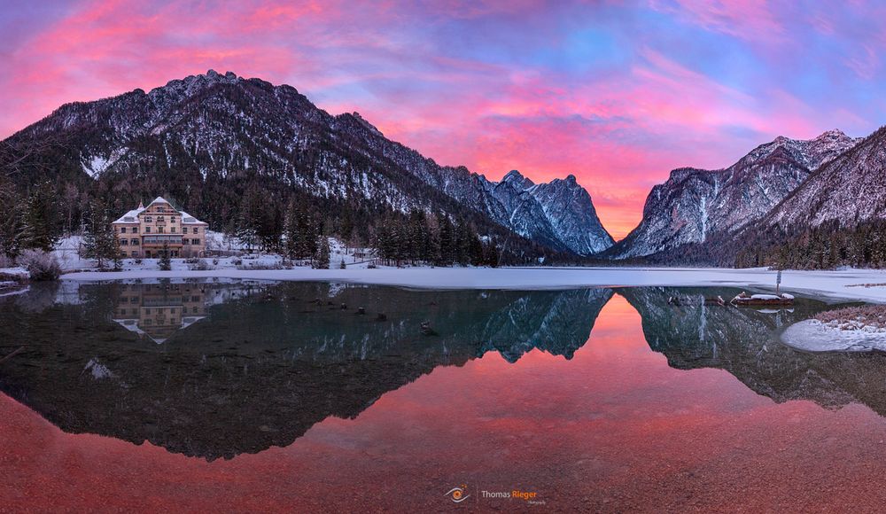 burning Sky at sunset on Lago di Dobbiaco (Toblacher See)