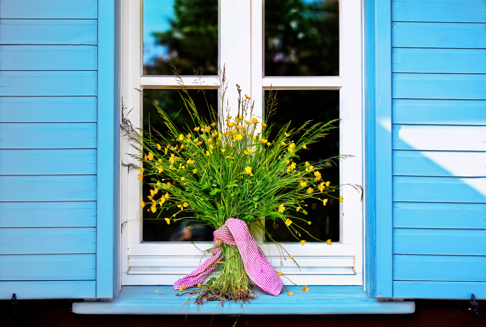 Butterblumen vor einem Friesenhausfenster