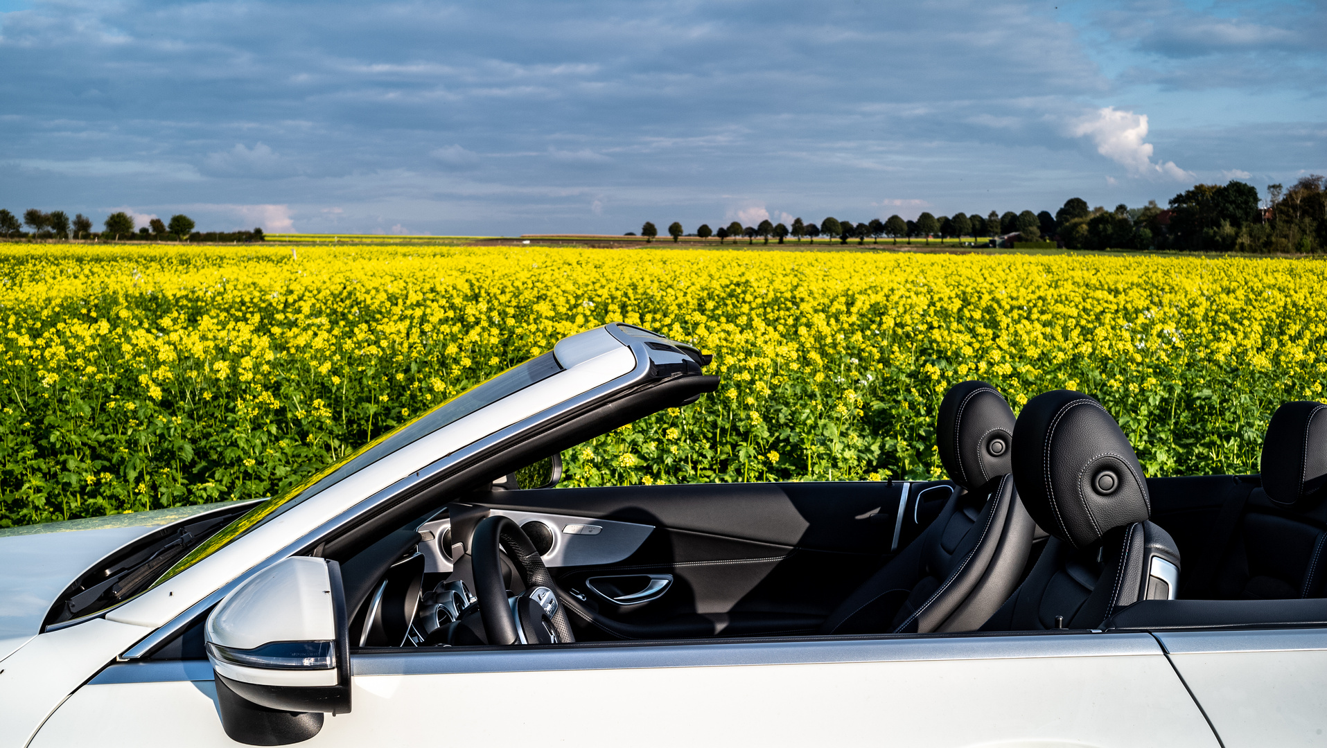 Cabrio , Sonne , Wolken , Rapsfeld