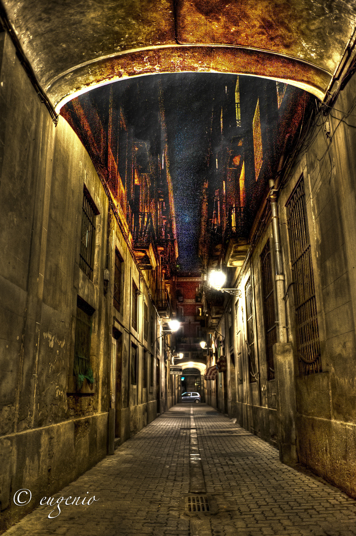 Calle nocturna del barrio gotico de Barcelona