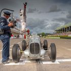 Calum Lockie celebrating his  victory in the  Goodwood Trophy at the Revival 2018