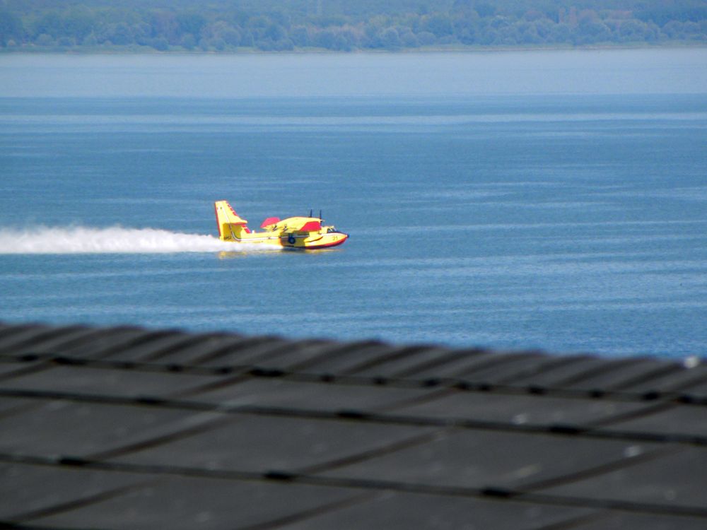 Canadair sul Trasimeno: raccolta dell'acqua