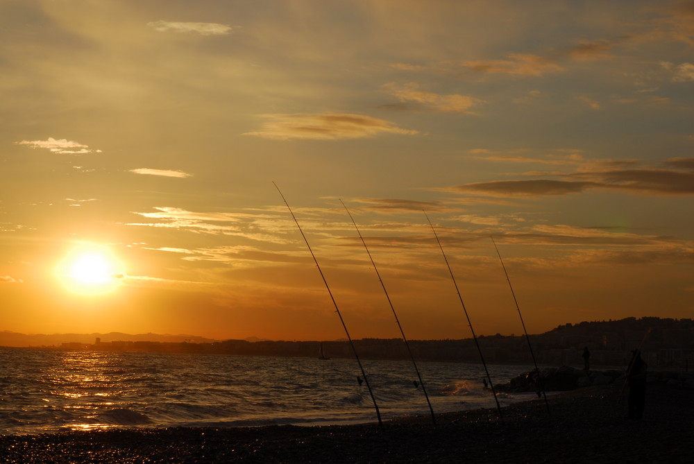 Canne à pêche et couché de soleil