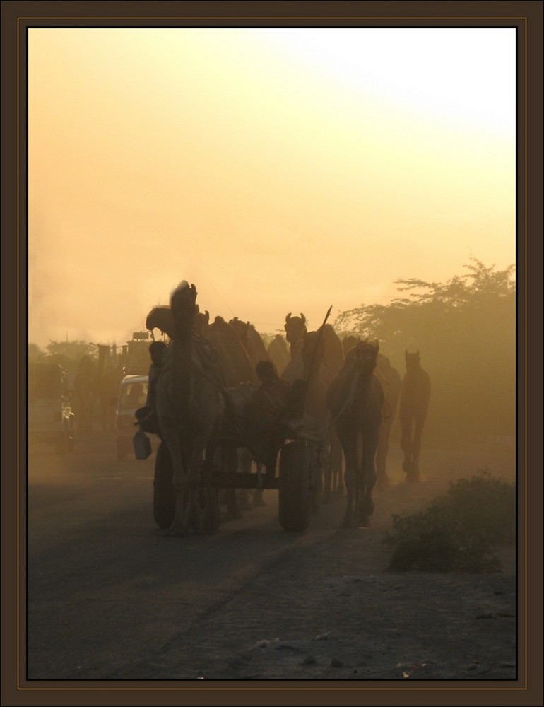 caravane au soleil couchant