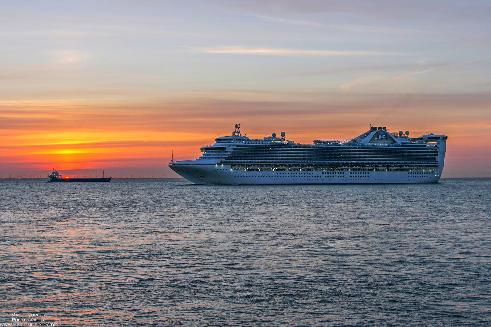 Caribbean Princess passing Cuxhaven at sunrise!