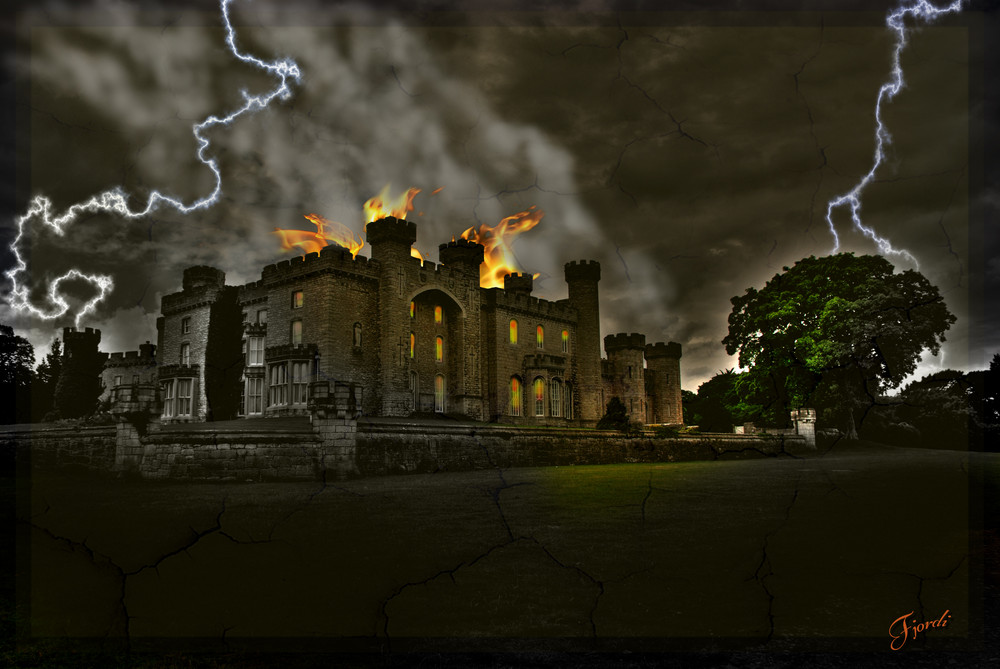 "Castle in flames"