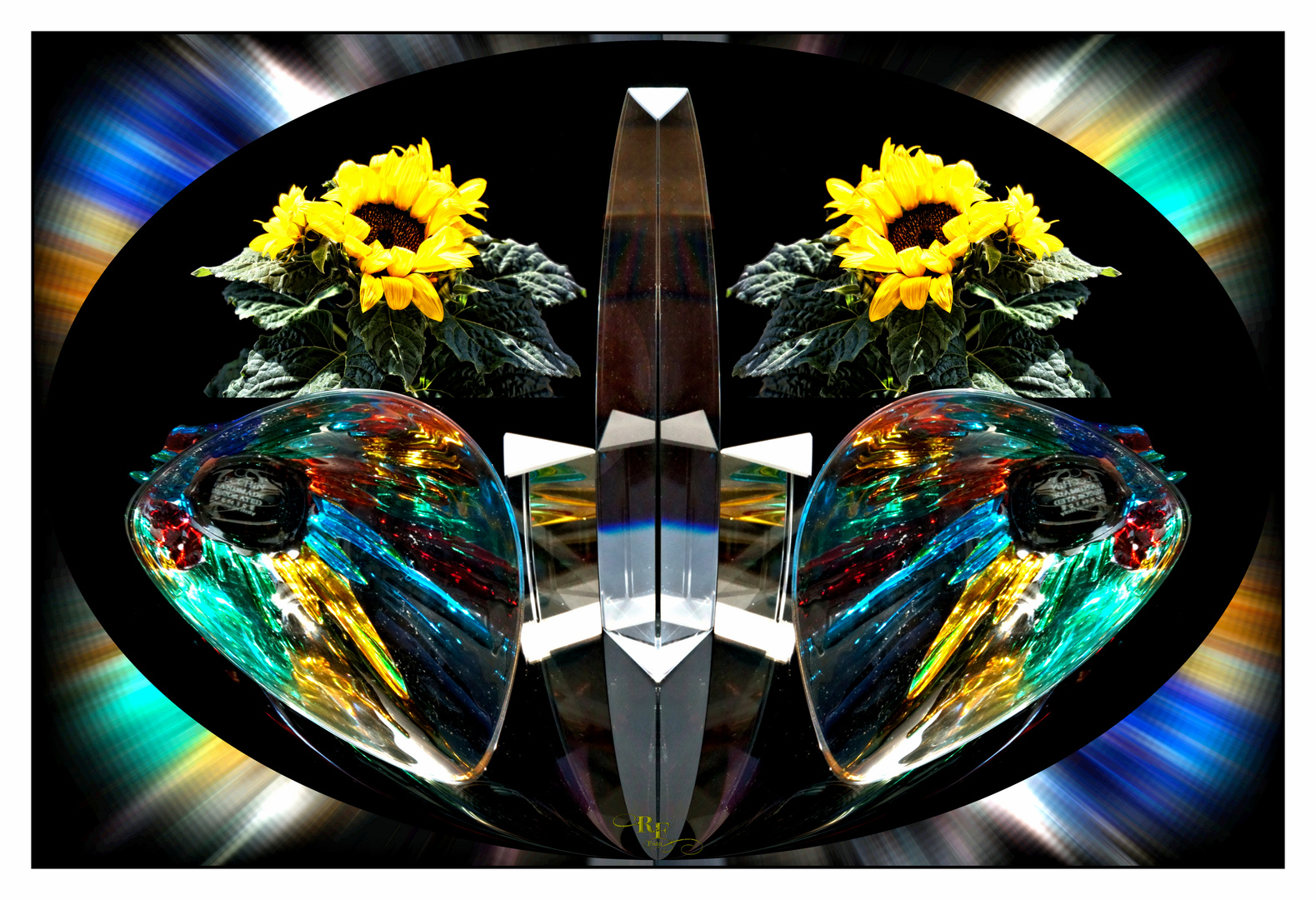 CC ZECCHIN Murano-Gläser aus Venedig in einer Collage mit Sonnenblumen