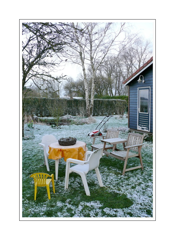 Chair baby, his parents and friend lawnmower were caught by surprise by the sudden Easter snow