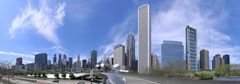 Chicago skyline mit Pritzker pavilion über der BP bridge von Gehry