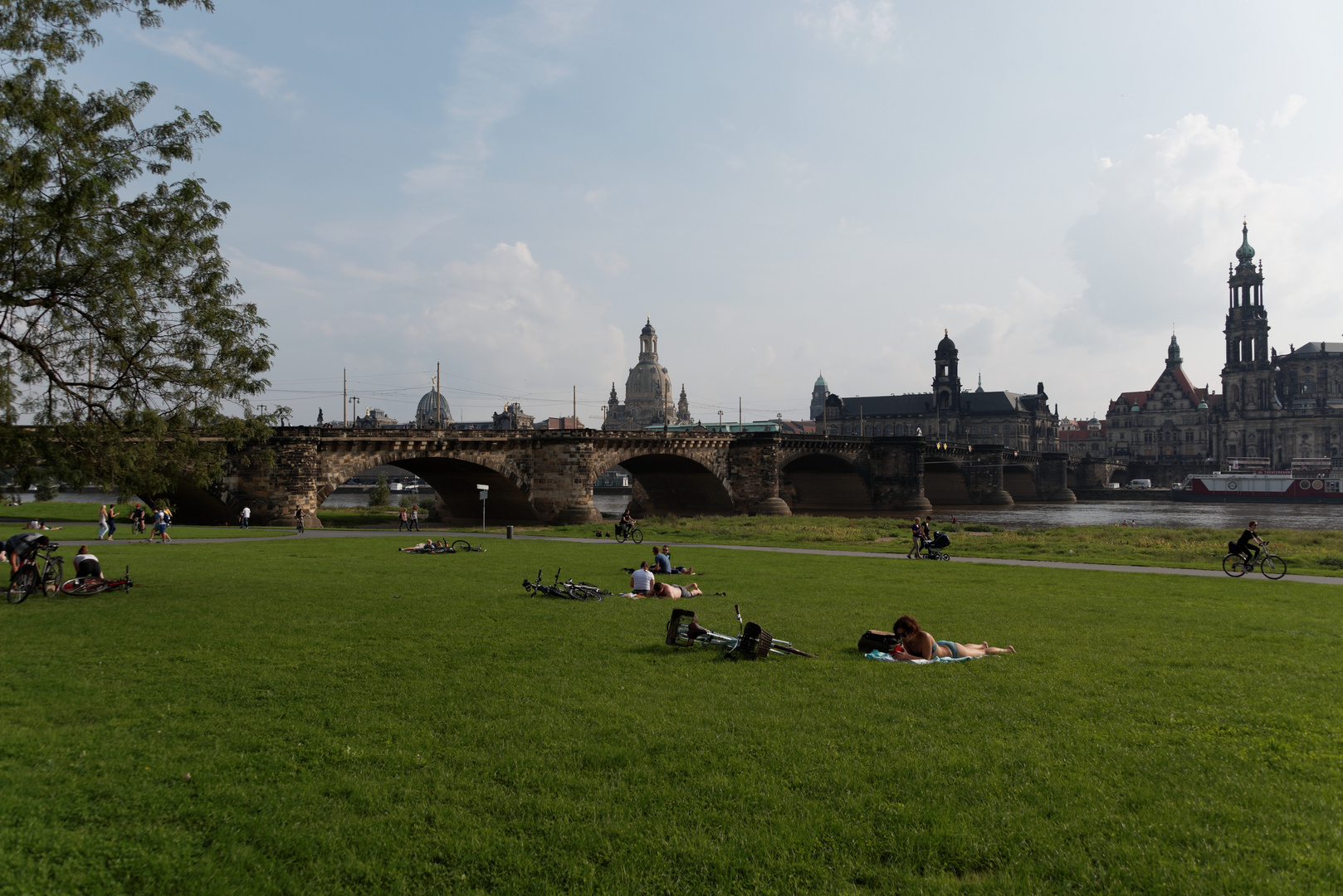 Chillen am Dresdner Elbufer (2) mit Blick Richtung Dresdner Altstadt und Augustusbrücke