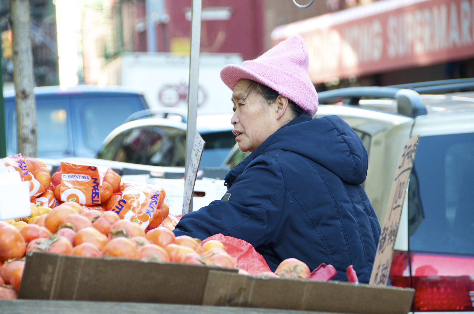 Chinatown New York City Orangenverkäuferin, Dezember 2013