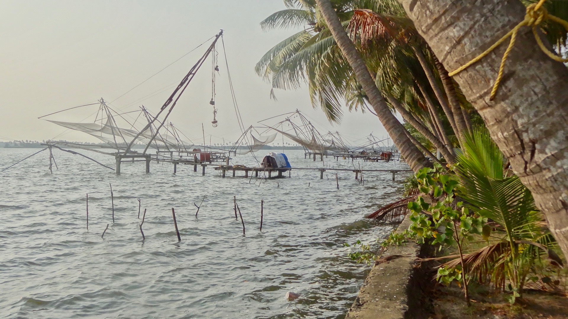 Chinesische Fischernetze in Kerala Südindien.