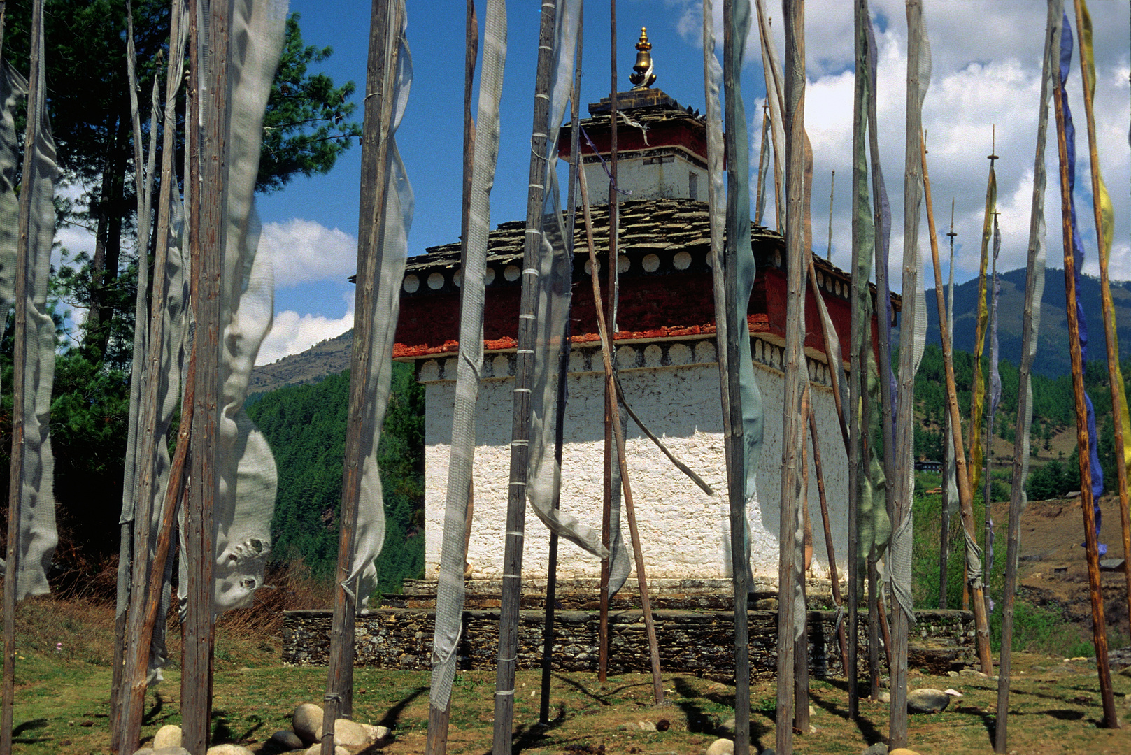 Chorten and a forest of prayer flags in Bumthang