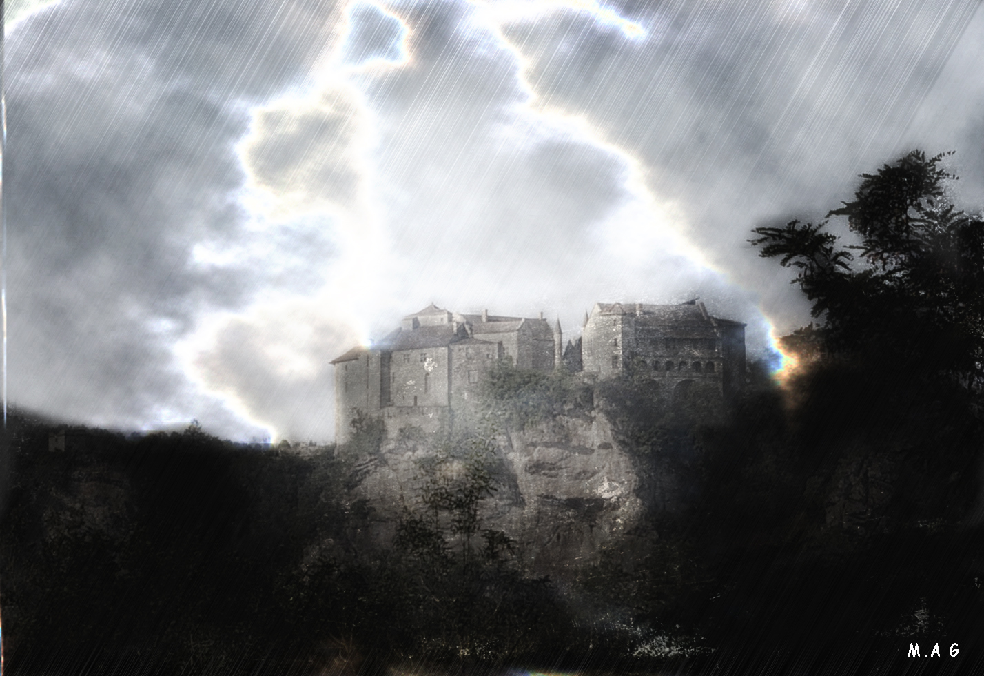 Château de Bruniquel sous l'orage