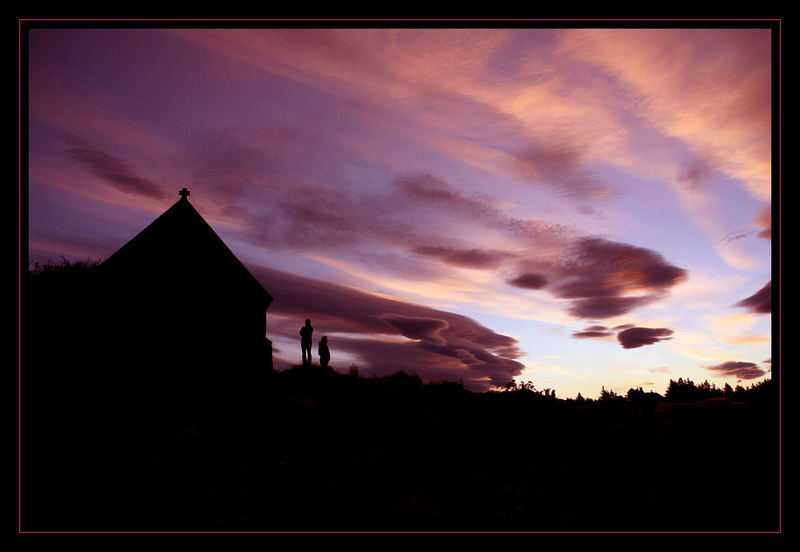 Church of Good Sheppard, Lake Tekapo bei Sonnenuntergang