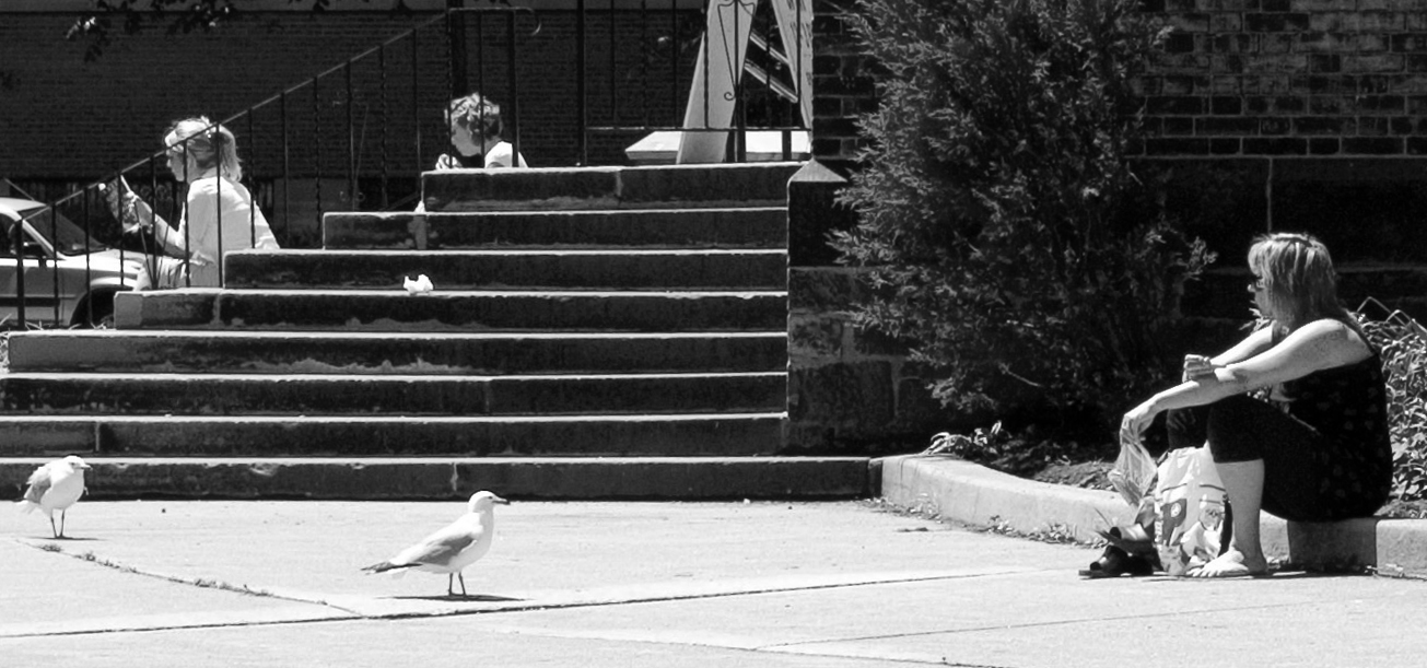 church sitters with pigeons