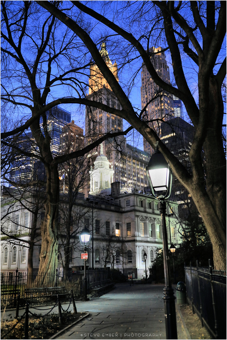 City Hall Park at Twilight with Woolworth Tower