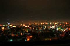 City lights behind the raindrops