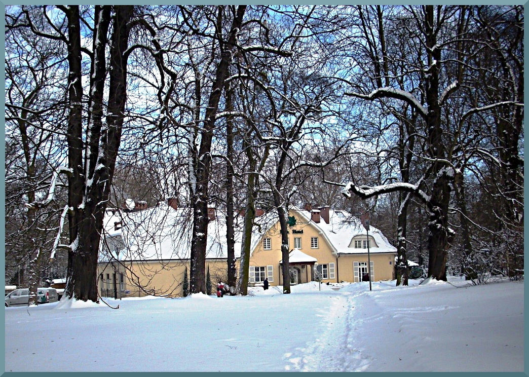 City park with Park Hotel in winter