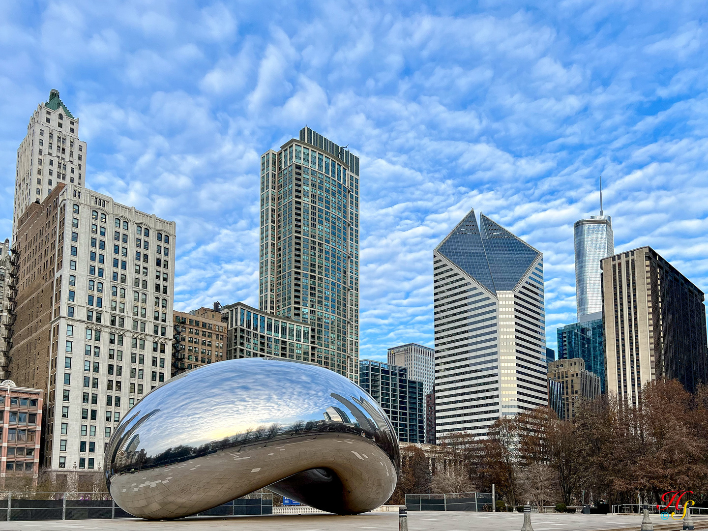 Cloud Gate vor der Skyline Chicago