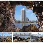 Collage - Blick durch einen hohlen Baumstamm über den Rhein