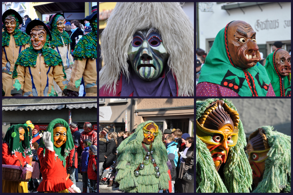 Collage: Holzmasken auf Wangener Narrensprung