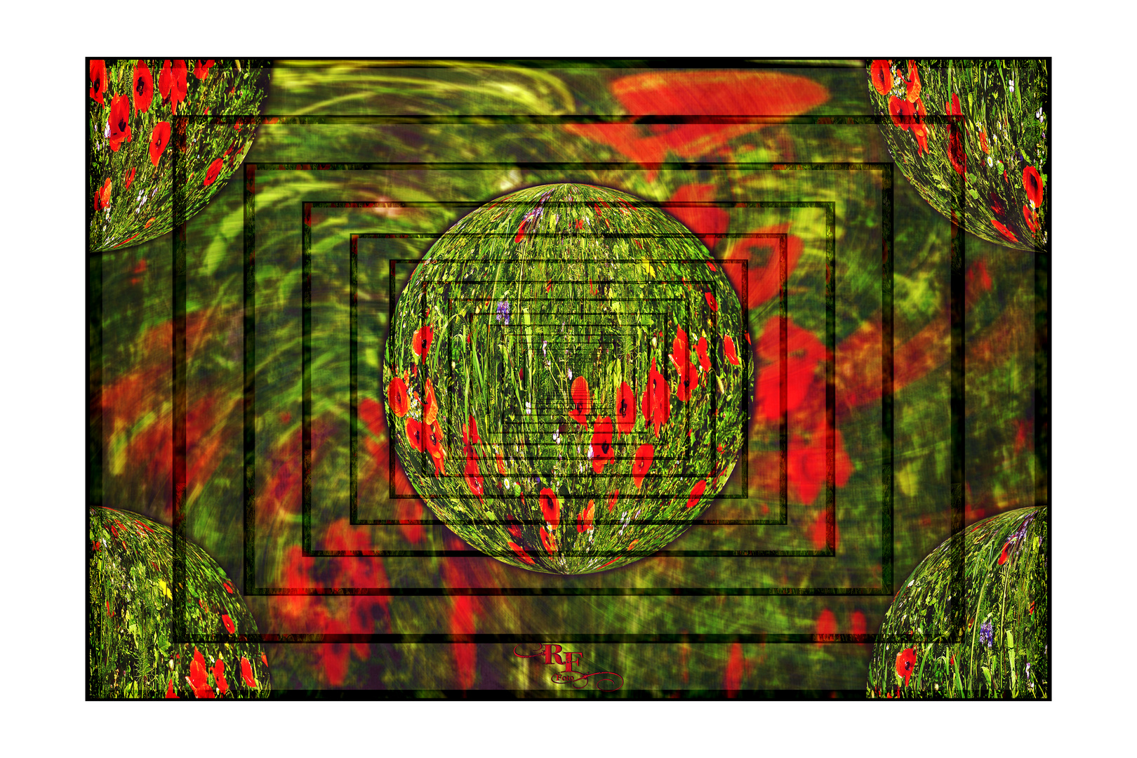 Collage Mohnfeld mit Kugel und Kacheln gerahmt Spiegelkabinett Kopie