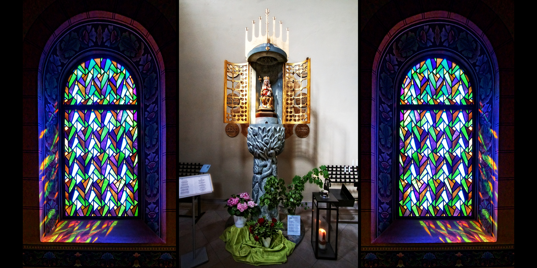 Collage vom Gnadenbild und 2 Fenstern in der Wallfahrtskirche Germershausen