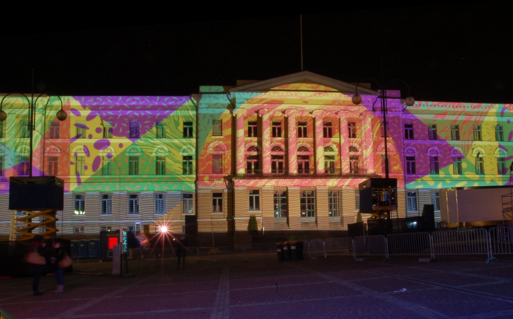 Colorful lights on the wall of Helsinki University