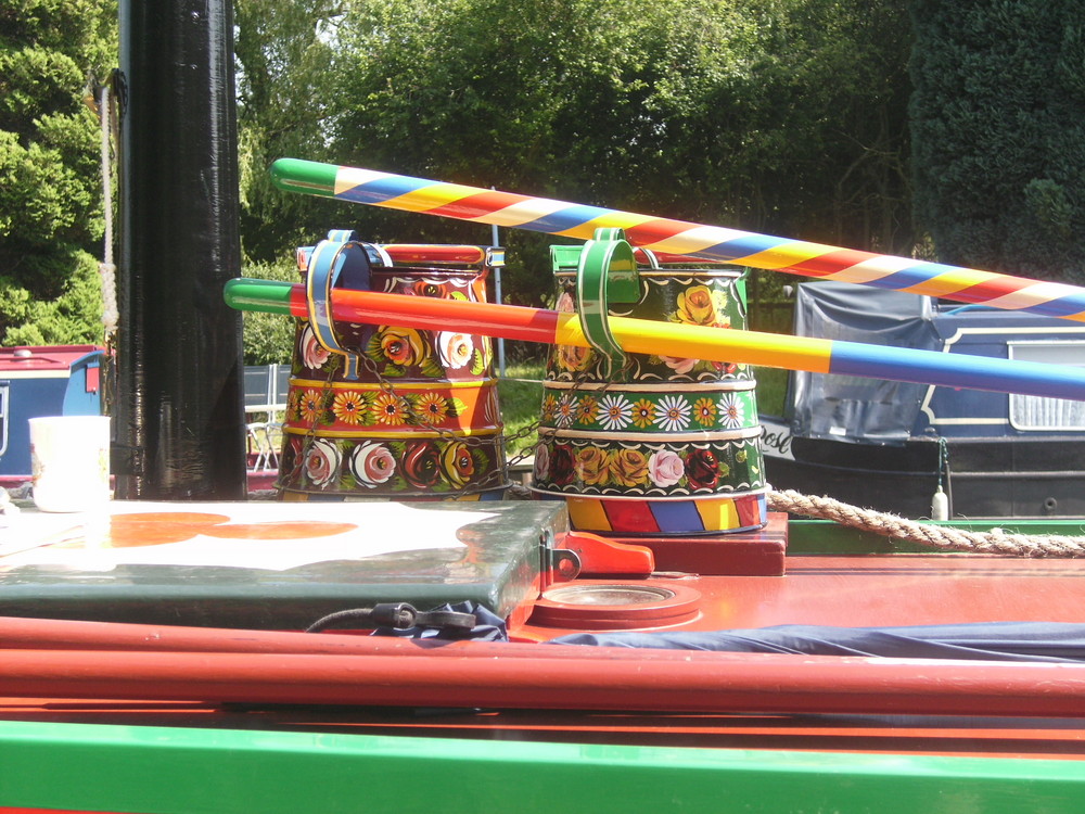 Colourful pots on a narrowboat