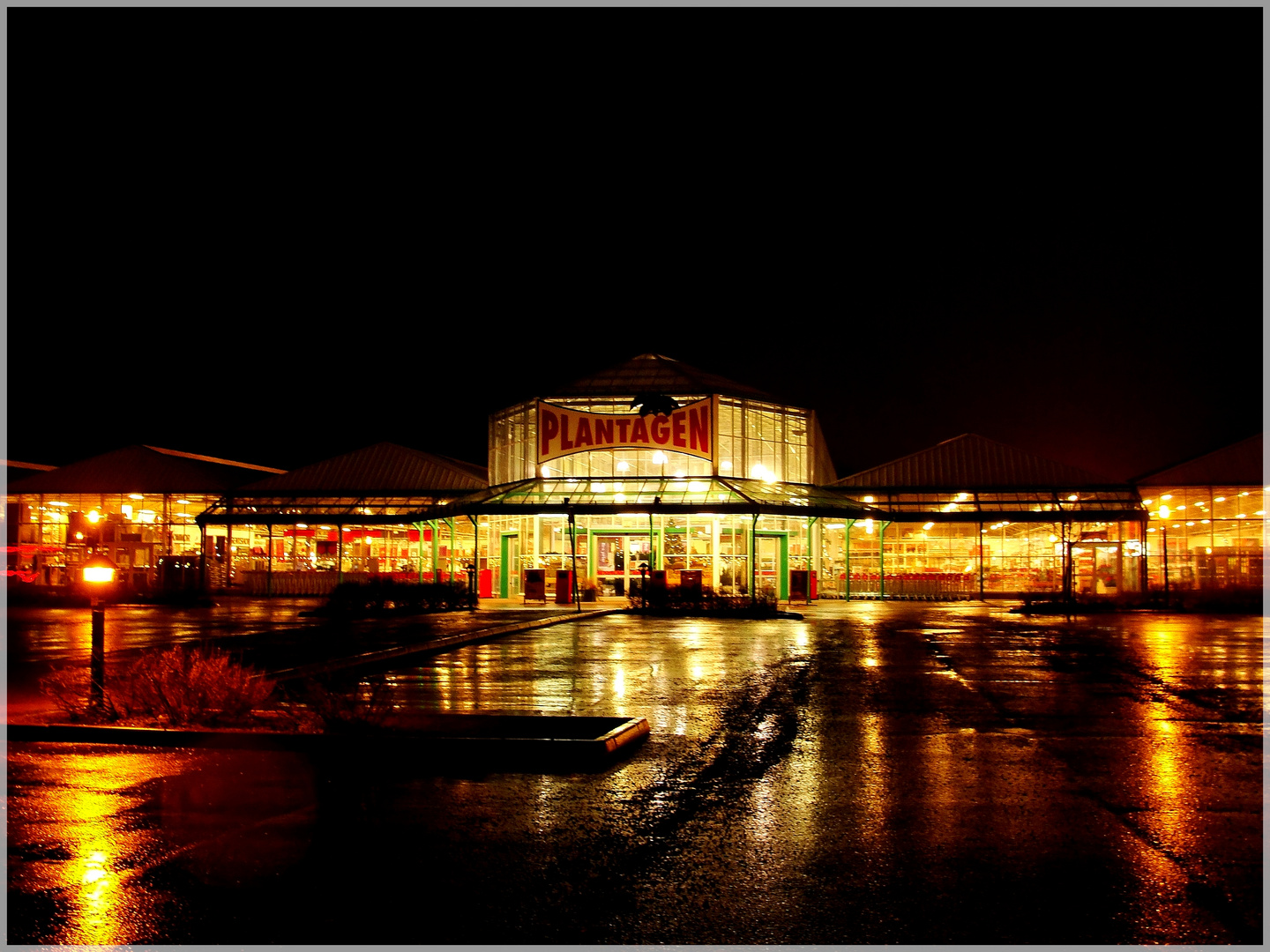 Commercial temple by night.