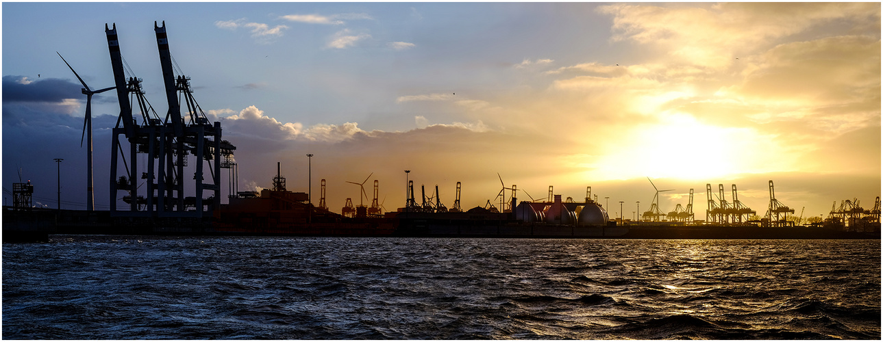 Containerbrücken im Abendlicht