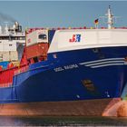 Containerfrachter im Nord-Ostsee-Kanal, Kiel.