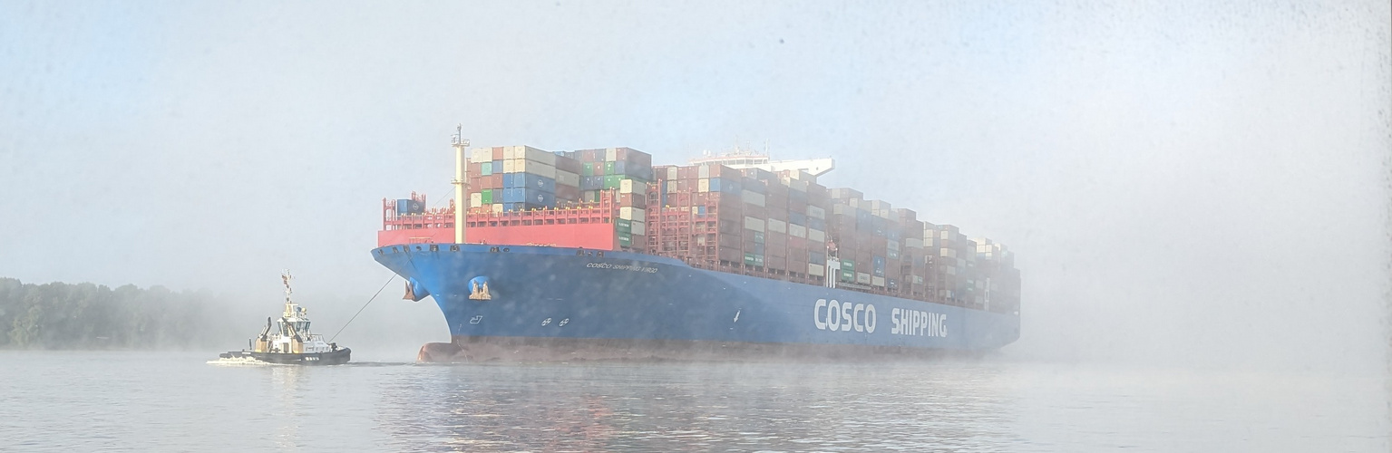 Containerschiff auf der Elbe im Nebel 